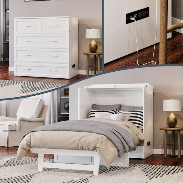 AFI Northfield White Solid Wood Frame Twin XL Murphy Bed with Mattress and Built In Charging Station