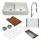 Contempo Step-Rim White Fireclay 36 in. Double Bowl Farmhouse Apron Front Workstation Kitchen Sink withFaucet