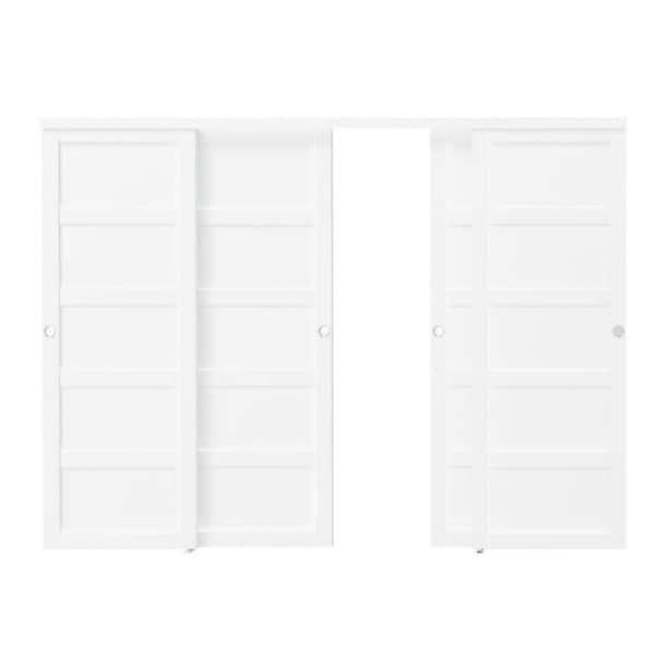 144 in. x 80 in. 5-Panel White PVC Covering MDF Double Sliding Door with Handle and Hardware Kit, Need to be Assembled