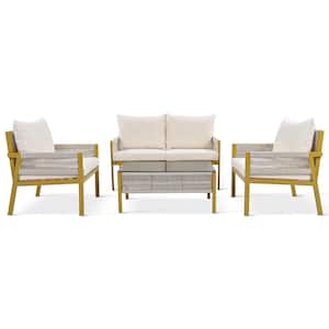 4-Pieces Mustard Yellow Metal Woven Rope Outdoor Patio Conversation Set with Beige Cushions, Tempered Glass Table