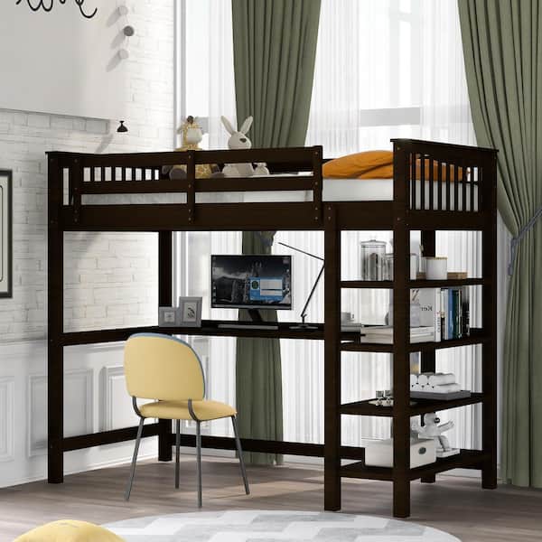 Gosalmon Espresso Twin Size Loft Bed, Twin Bunk Bed With Desk And Storage