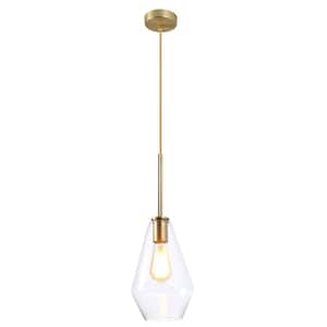 6.7 in. W x 11.2 in. H 1-Light Clear Glass Champagne Gold Pendant Light with Shade