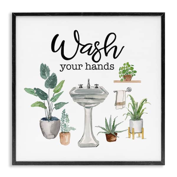 Stupell Industries Hygiene Phrase with Plants by Masey St. Studios Black Framed Typography Giclee Art Print 24 in. x 24 in.