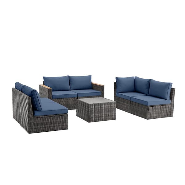 Unbranded 7-Piece Grey Wicker and Steel Frame Outdoor Patio Sectional Sofa Sets with Blue Cushions for Backyard, Lawn