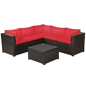 6-Piece Brown Frame Wicker Outdoor Sectional Set Patio Furniture Set with CushionGuard Red Cushions