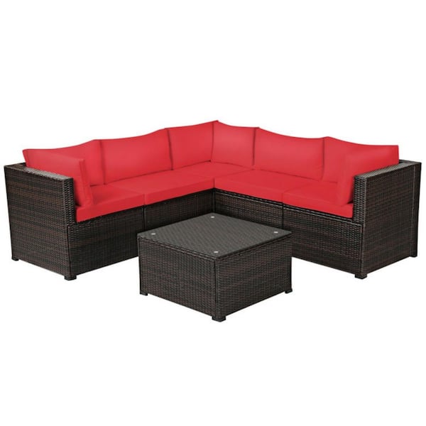 Clihome 6-Piece Brown Frame Wicker Outdoor Sectional Set Patio Furniture Set with CushionGuard Red Cushions