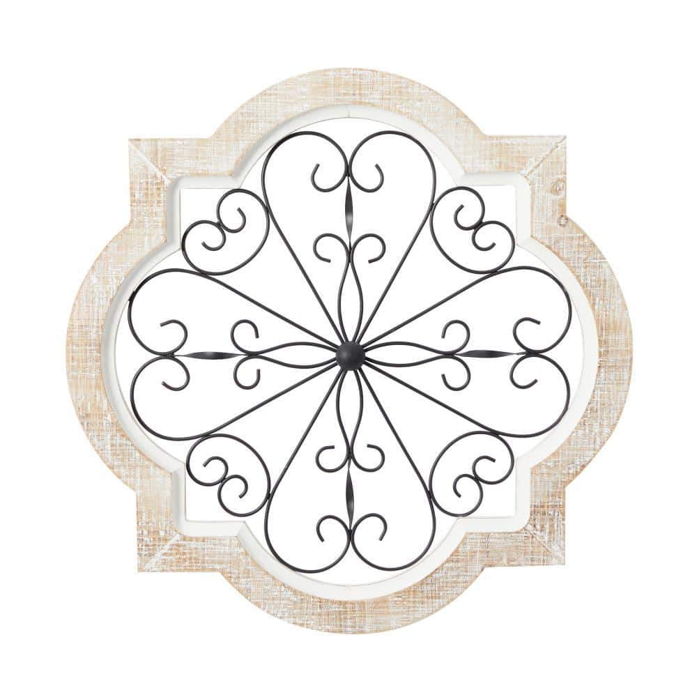 White Wooden Scroll Wall Decor with Metal Scrollwork