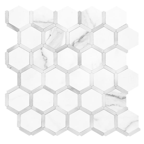 Yipscazo Hexagon Marble White with Silver 12 in. x 12 in. PVC Peel and Stick Backsplash Wall Tile (10 Sq. Ft./10-Sheets)