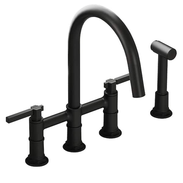 BWE Modern Double Handle 4-Holes Deck Mount Bridge Kitchen Faucet with Side Sprayer Sink Faucet 360 Swivel Spout in Black