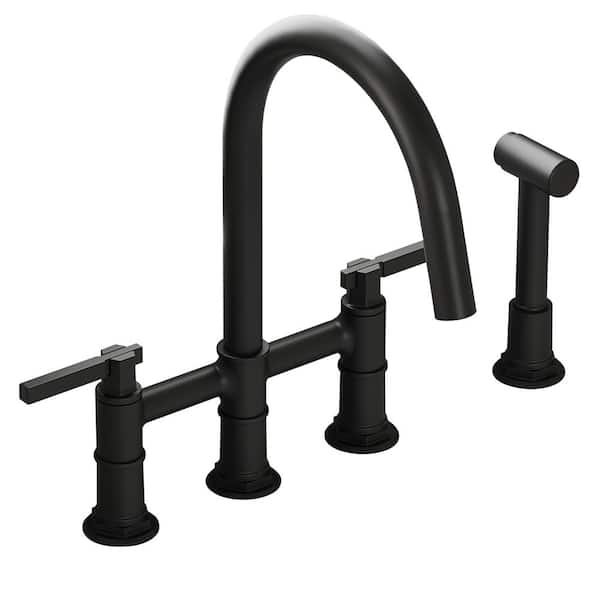 2-Handle Deck Mount Kitchen Faucet 3-Hole Bridge Kitchen Faucet with Side Sprayer in Matte Black