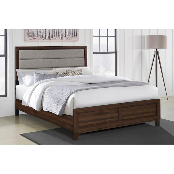 Coaster Welsley Walnut Brown and Taupe Wood Frame Eastern King Panel Bed with Padded Headboard