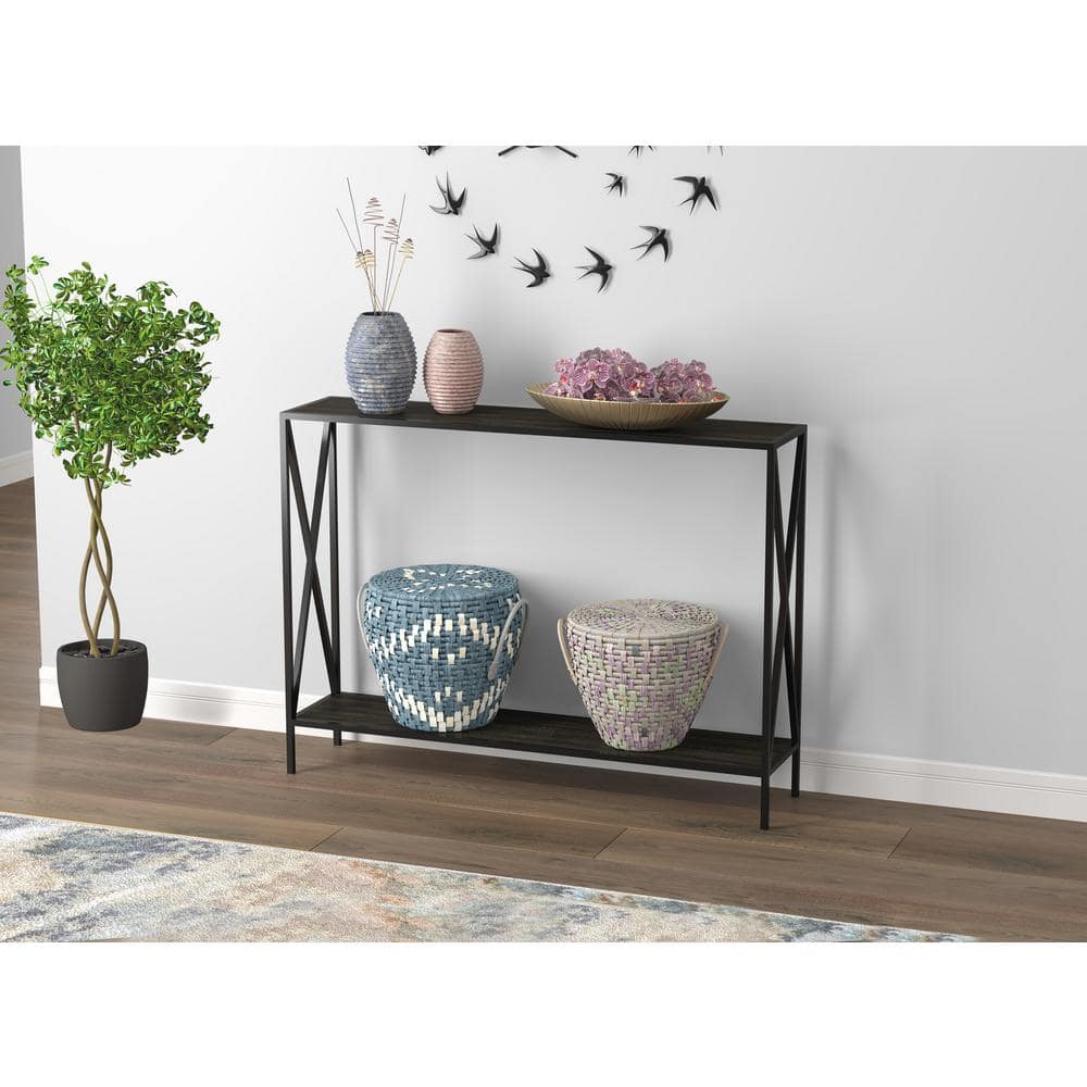 39.5" Black Metal Console Table with Dark Grey Wood Shelf