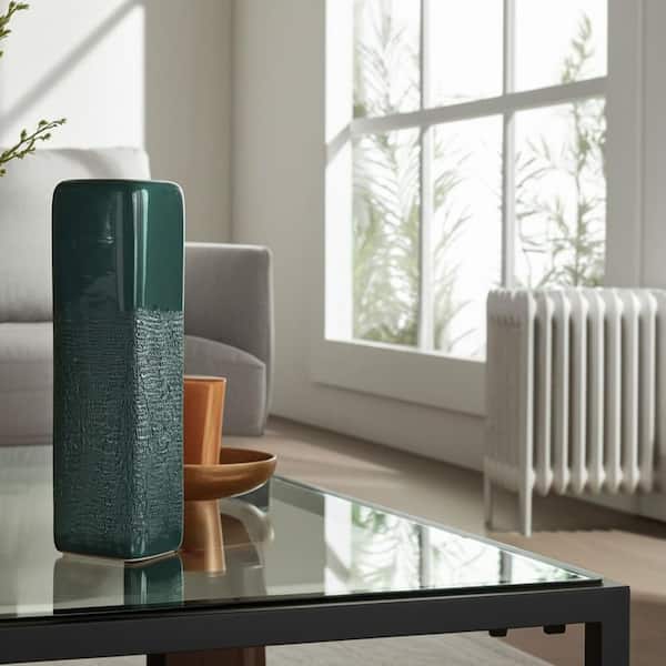 18 in. Forest Green Stoneware Square Grooved Decorative Vase