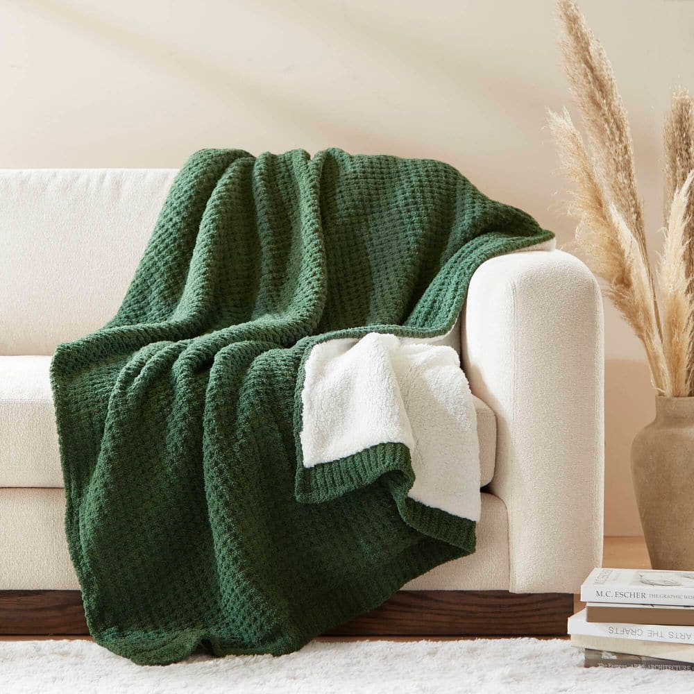 Madison Park Eden Green Polyester Waffle Knit Chenille Throw