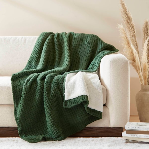 Eden Green Polyester Waffle Knit Chenille Throw Blanket