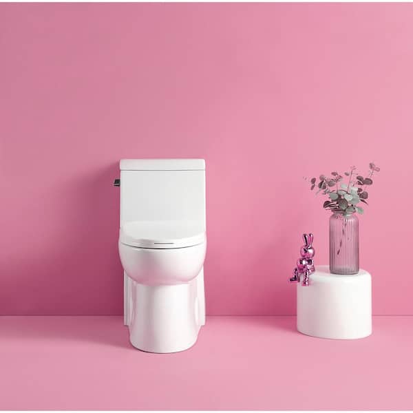 12 in. One-Piece 1.28 GPF Single Flush Elongated Toilet in Gloss White, Slow-Close Seat Included