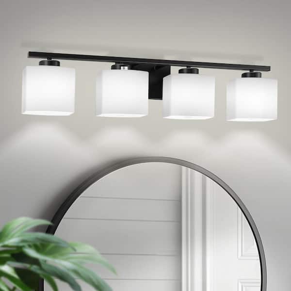 31 in. 4 Light Matte Black Vanity Light for Bathroom Bedroom Hallway with White Glass Shades