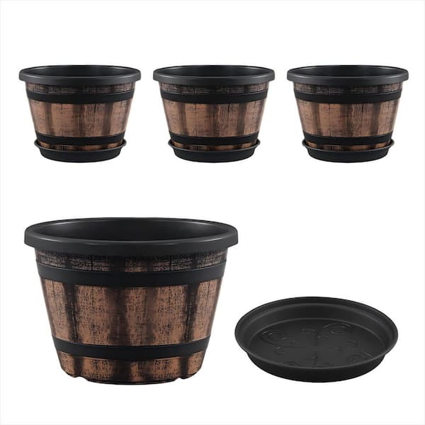 10 in. Dia x 7 in. H Brown Large Plastic Whiskey Barrel Planters with Drainage Holes and Saucer for Outdoor Set of 4