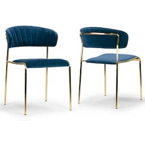 Andre Blue Velvet Dining Chair with Golden Metal Legs and Decorative Stitching (Set of 2)
