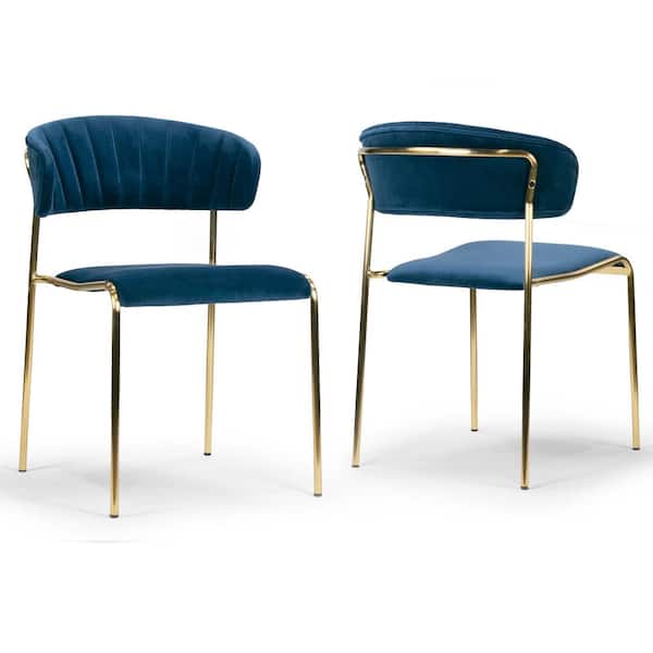 Glamour Home Andre Blue Velvet Dining Chair with Golden Metal Legs and Decorative Stitching (Set of 2)