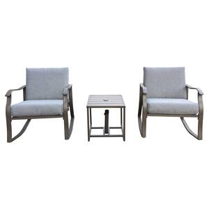 3-Piece Metal Rocking Outdoor Bistro Set with Gray Cushions
