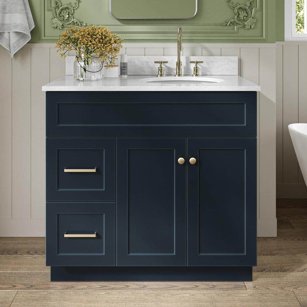"Hamlet 36 in. Single Sink Freestanding Bathroom Vanity in Midnight Blue with 0.75"" Carrara White Marble Top" price history on PriceWatchPro