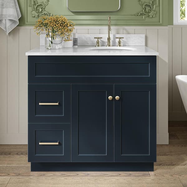 ARIEL Hamlet 37 in. W x 22 in. D x 35.25 in. H Vanity in Midnight Blue with White Carrara Marble Vanity Top