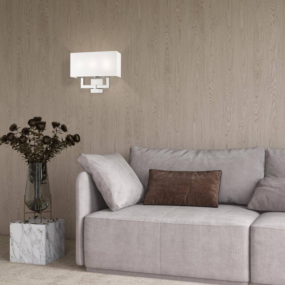 Brushed Nickel 3-Light Sconce with Off-White Fabric Shade