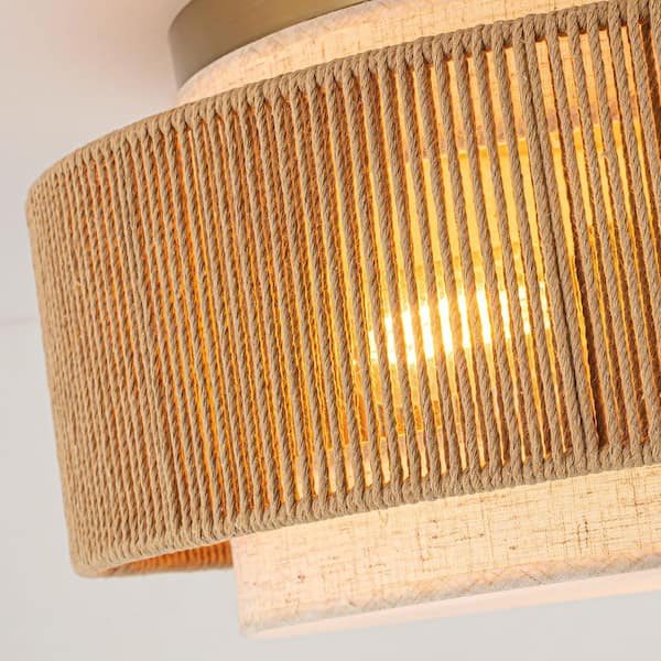 18 in. 3-Light Rattan Drum Brushed Gold Flush Mount for Kitchen Living Room Bedroom