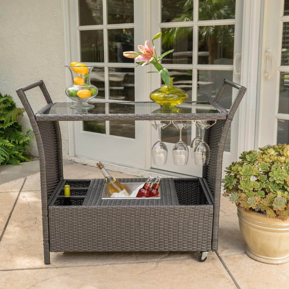 Wicker Outdoor Bar Cart with Wheels, Ice Bucket and Glass Rack Outdoor