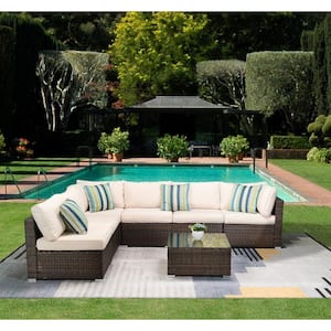 7-Piece Wicker Patio Sectional Sofa Set with Beige Cushions