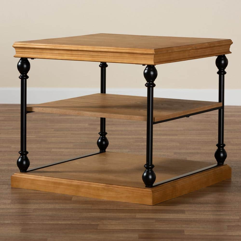 Sebastian Oak Brown Wood and Black Metal 3-Tier End Table
