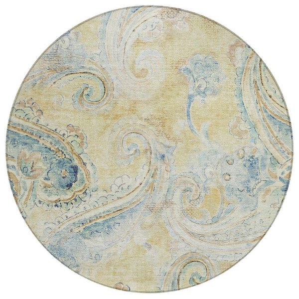 Chantille Machine Washable Indoor/Outdoor Abstract ACN2747 Gold 8 ft. x 8 ft. Round Rug