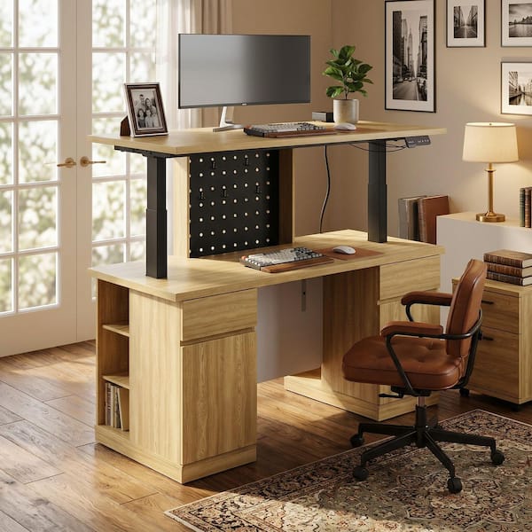 FUFU&GAGA 54.3 in. Rectangular Yellow Wood Grain 2-Drawer Computer