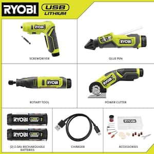 USB Lithium 4-Tool Combo Kit with Screwdriver, Glue Pen, Rotary Tool, Power Cutter, (2) Batteries, and Charger