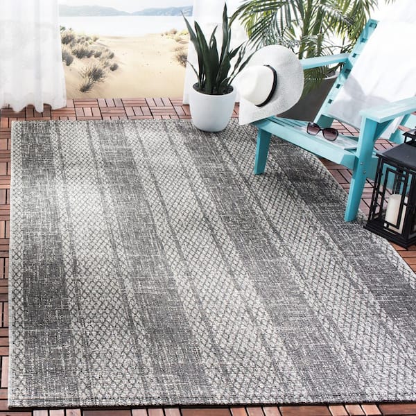 Courtyard Light Gray/Black 7 ft. x 7 ft. Square Geometric Indoor/Outdoor Patio  Area Rug