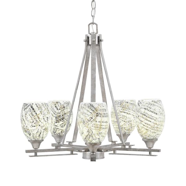 Unbranded Ontario 21.5 in. 5-Light Aged Silver Geometric Chandelier for Dinning Room with Natural Fusion Shades No Bulbs Included