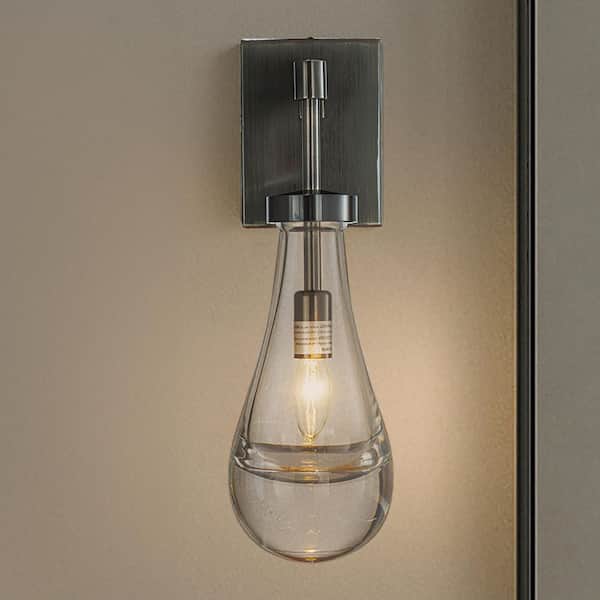 5 in. 1-Light Farmhouse Raindrop Glass Brush Black Nickel Wall Light Rustic Teardrop Bathrooom Vanity Light