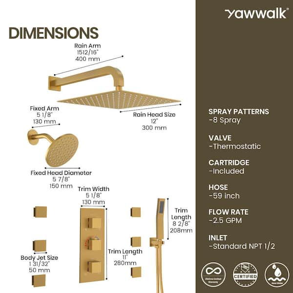 YAWWALK Thermostatic Triple Handles 8-Spray Dual Shower Head