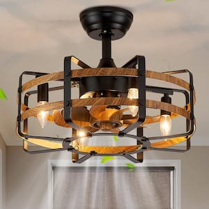 20 in. 4-Light Indoor Farmhouse Black Caged Ceiling Fan with Light Wood Grain Enclosed Ceiling Fan with Remote