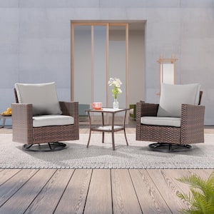 3-Piece Brown Wicker Patio Bistro Set Swivel Rocking Chairs with Side Table, Linen Grey