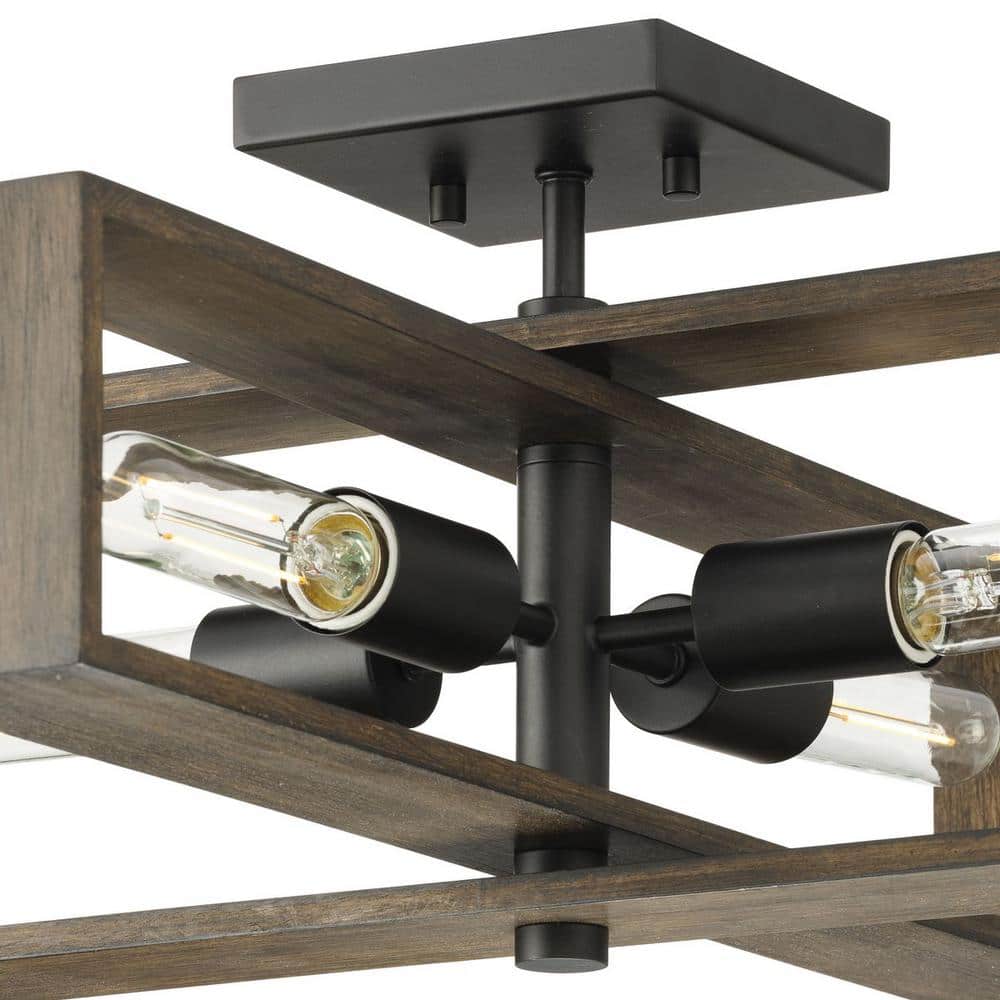 Matte Black and Wood 4-Light Flush Mount Ceiling Fixture