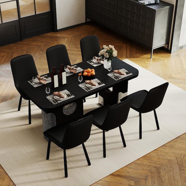 (Set of 6) Black Faux Leather Upholstered Dining Chairs Kitchen Chairs with Metal Legs