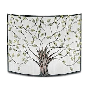 39 in. x 33 in. Curved 1-Panel Fireplace Screen Mesh Spark Guard Tree of Life Decorative