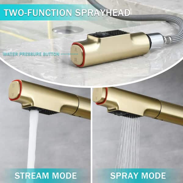 Single-Handle Single-Hole Bathroom Sink Faucet with with Lift Spout & Dual Spray Modes in Brushed Gold