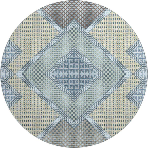 Mayfield Premium Machine Washable Abstract AMF2111 Denim 8 ft. x 8 ft. Round Rug