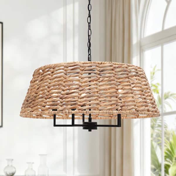 Farmhouse 5-Light Matte Black Island Drum Chandelier Rustic Candle Chandelier with Rattan Shade for Coastal Living Room