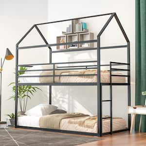 Black Twin over Twin Metal House Bunk Bed with Built-in Ladder