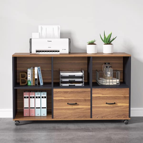 BYBLIGHT Atencio 2-Drawer Brown and Black Wood 43.3 in. W Lateral File Cabinet with Storage Shelves