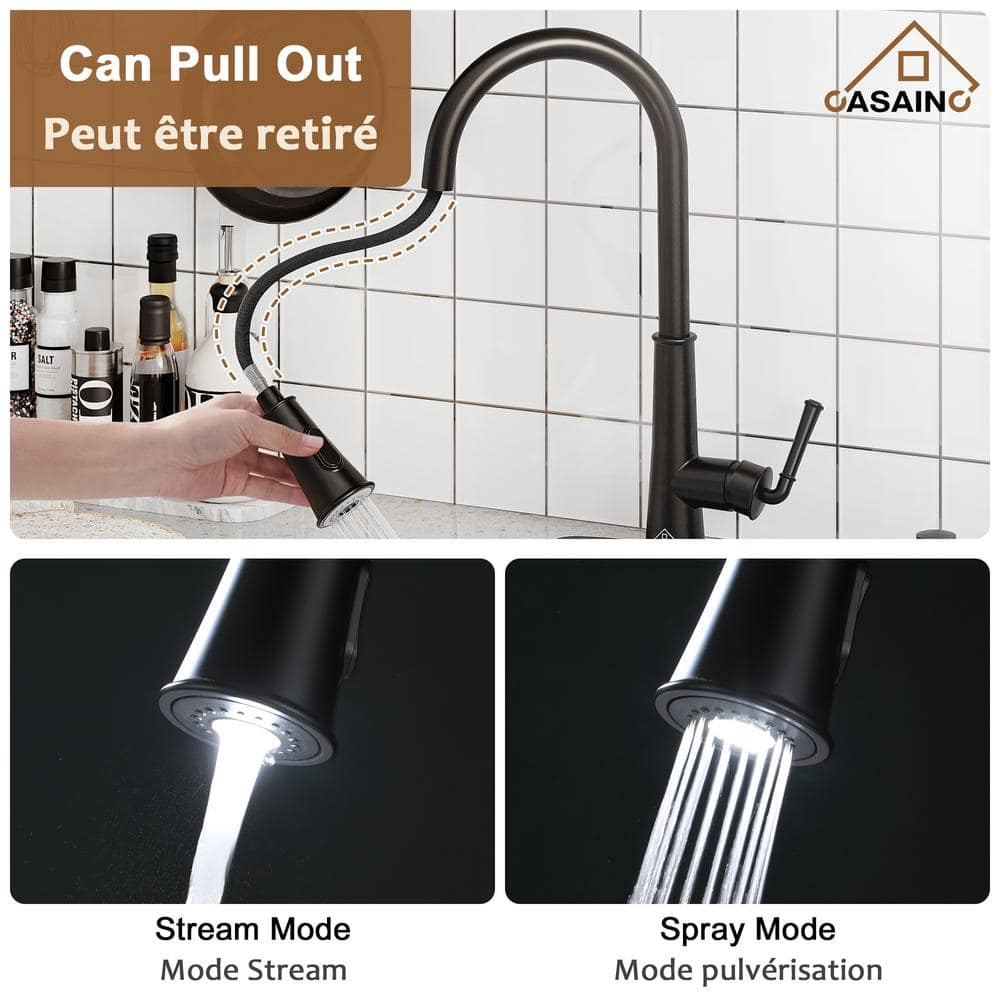 Matte Black Stainless Steel Pull-Down Kitchen Faucet with LED Light